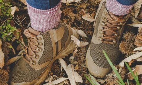 tying hiking boots
